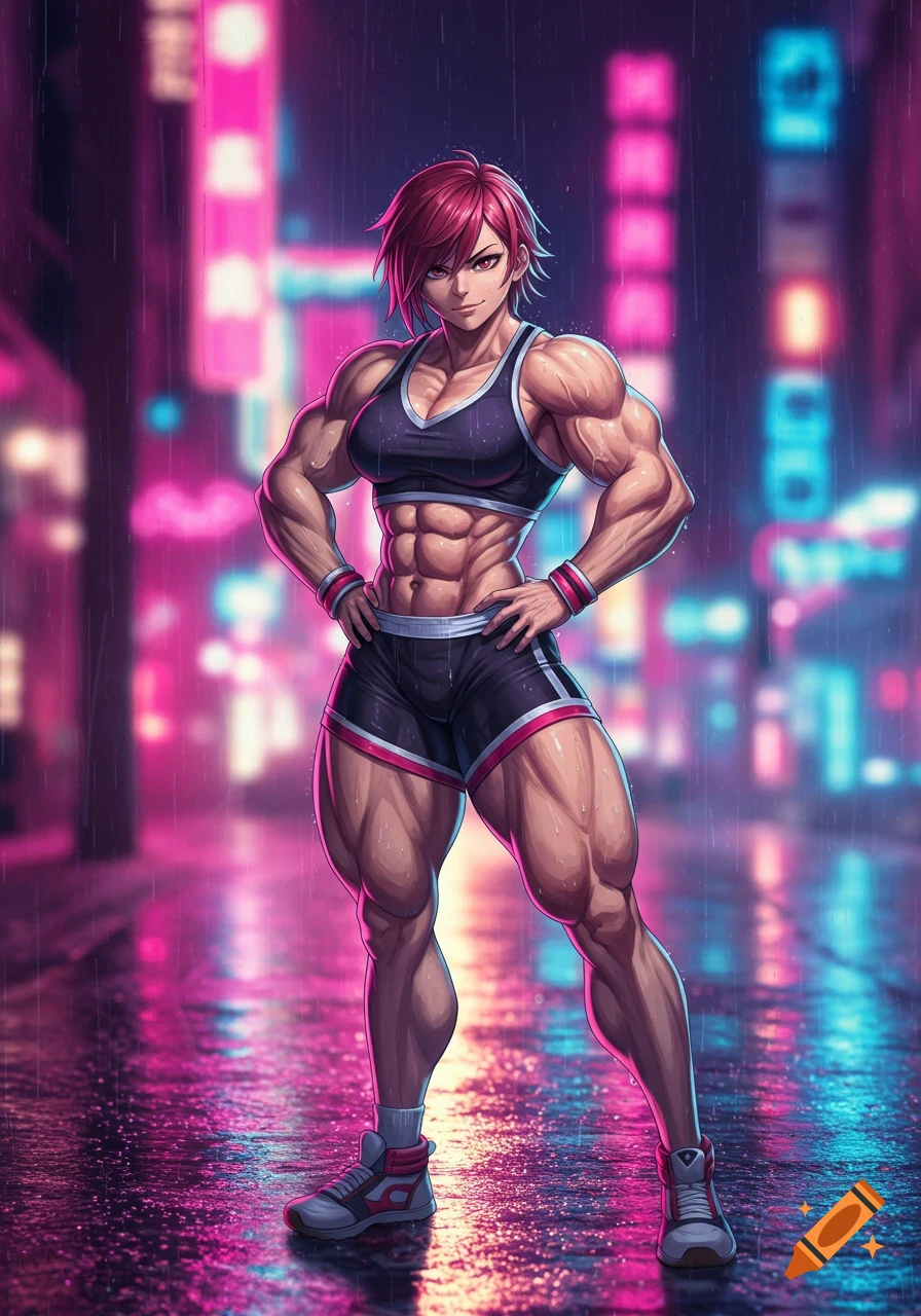A muscular anime girl with red hair in a sports bra and shorts stands on a wet, neon-lit cyberpunk street.