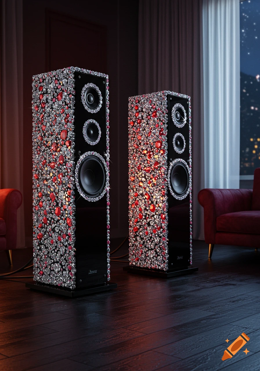 Two opulent black floorstanding speakers covered in sparkling diamonds and red rubies in a dimly lit luxurious room.