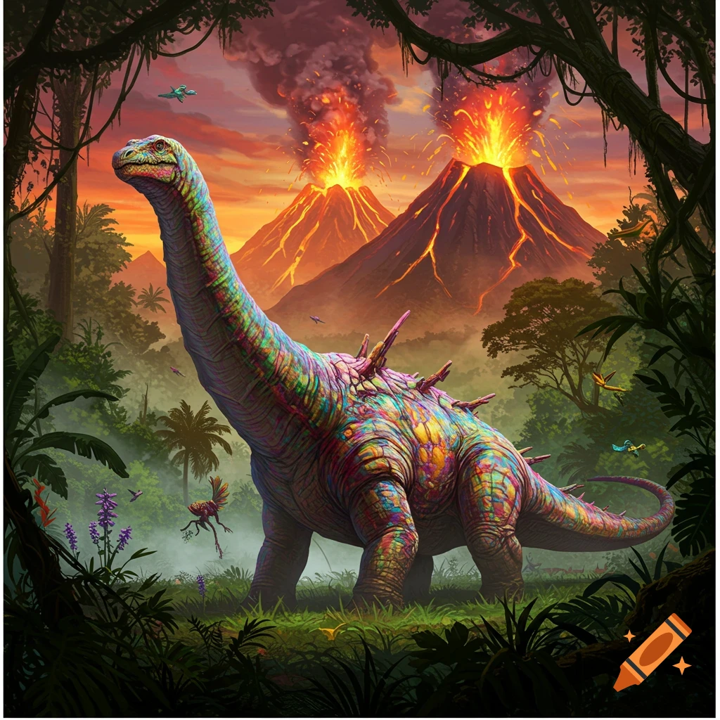 A vibrant, spiky, rainbow-colored dinosaur stands in a lush jungle with two erupting volcanoes under a fiery sky. Fantasy art.