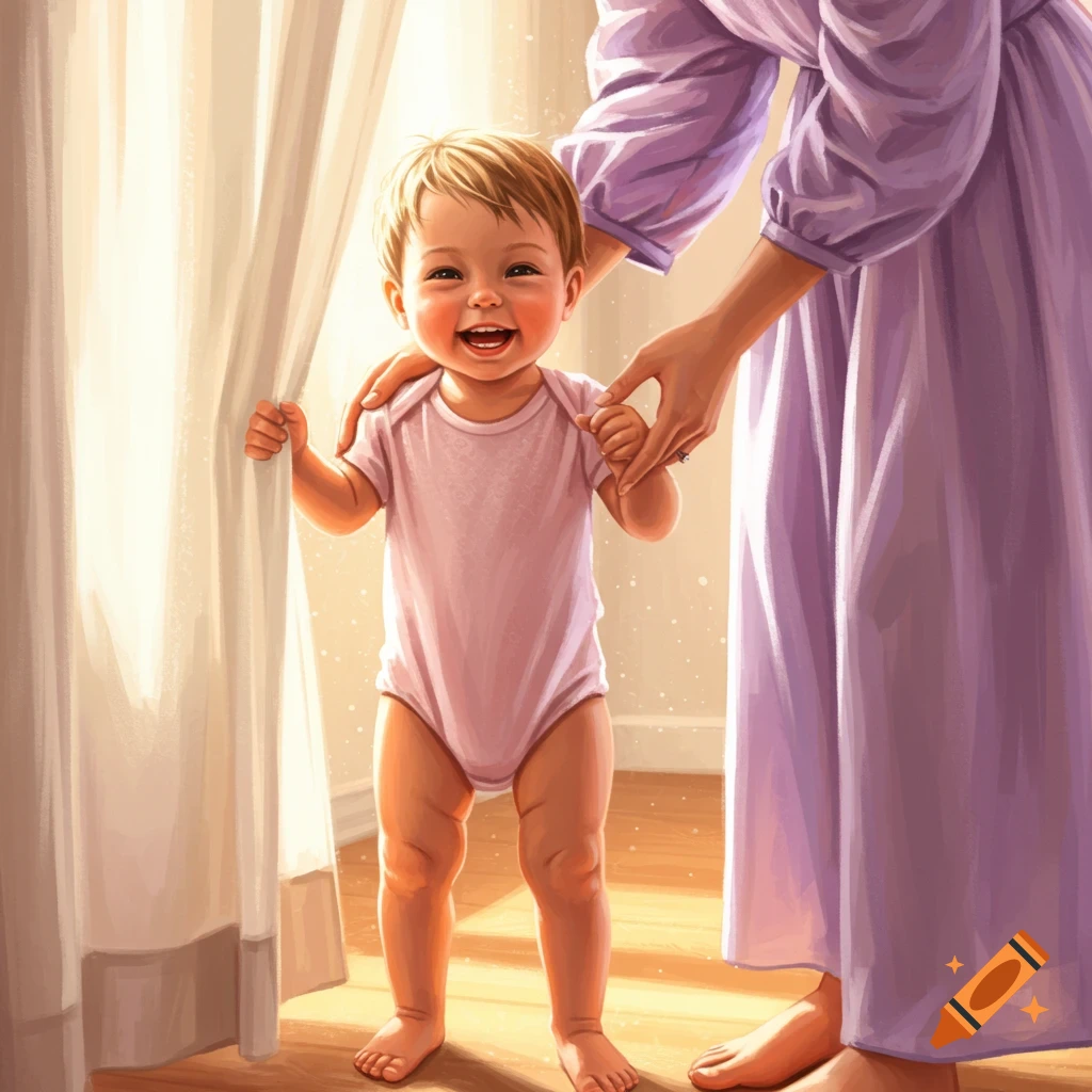 A smiling baby in a pink bodysuit takes first steps, held by a parent in a purple dress, in a sunlit room.