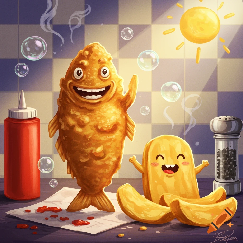 Whimsical cartoon of a smiling battered fish and chips on a table with ketchup, pepper, and a sun icon.
