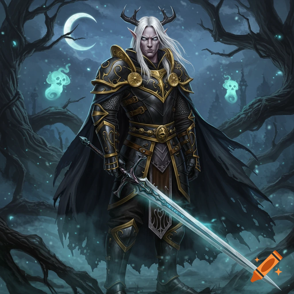 A male fantasy warrior with white hair and horns in black and gold armor stands in a dark forest, holding a glowing sword under a crescent moon.