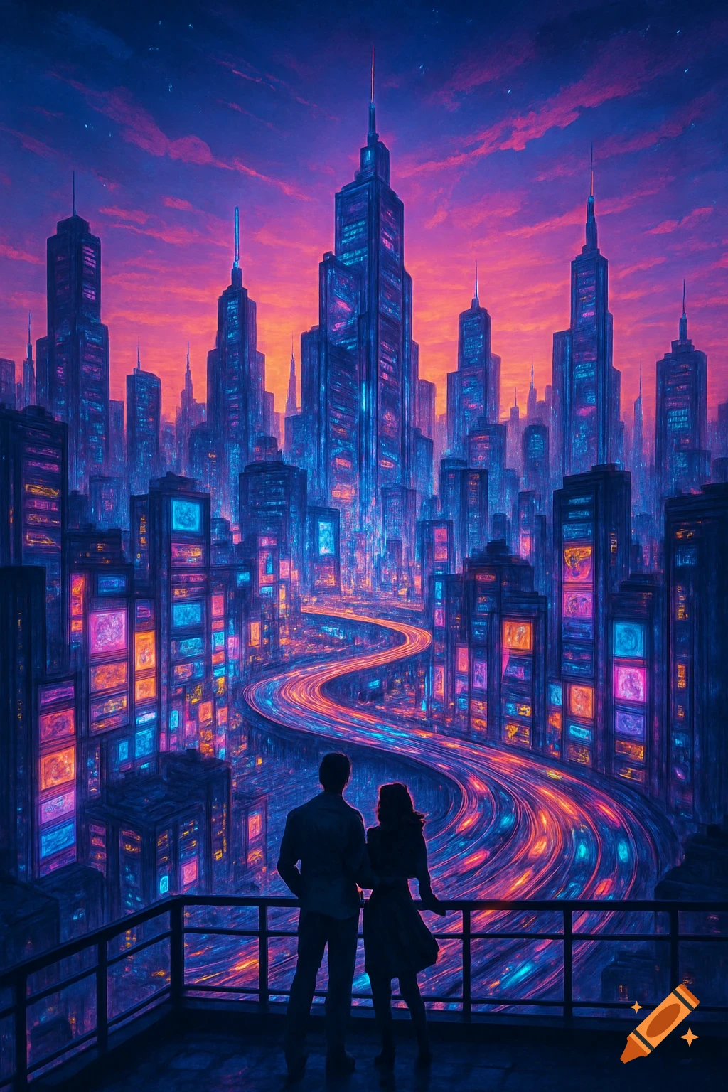 Silhouetted couple on a balcony overlooks a vibrant, neon-lit futuristic cityscape at dusk with towering skyscrapers and glowing roads.