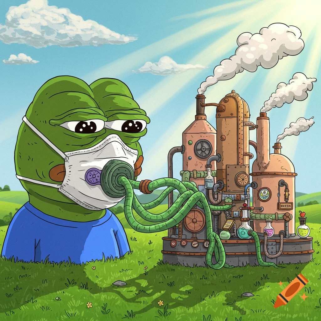 Pepe the Frog wears a medical respirator mask connected to an industrial copium refinery in a cartoon style.