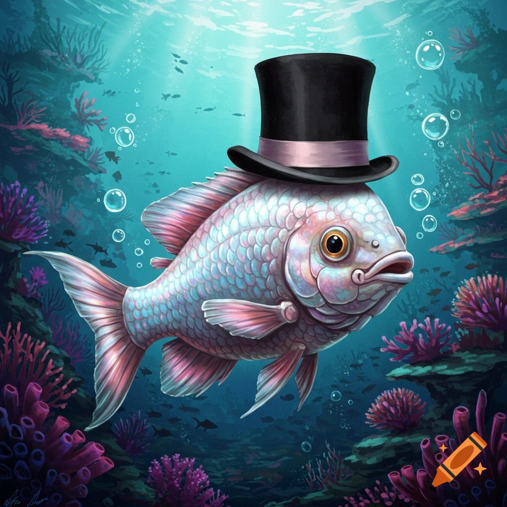 A colorful fish wearing a black top hat swims in a vibrant underwater coral reef, surrounded by bubbles.