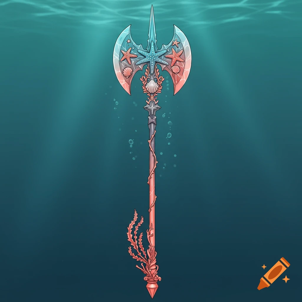 A stylized blue and pink ombre halberd adorned with starfish, seashells, and coral, submerged in deep blue water with bubbles.