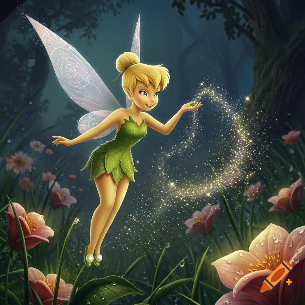Tinkerbell with long black hair and brown eyes on Craiyon