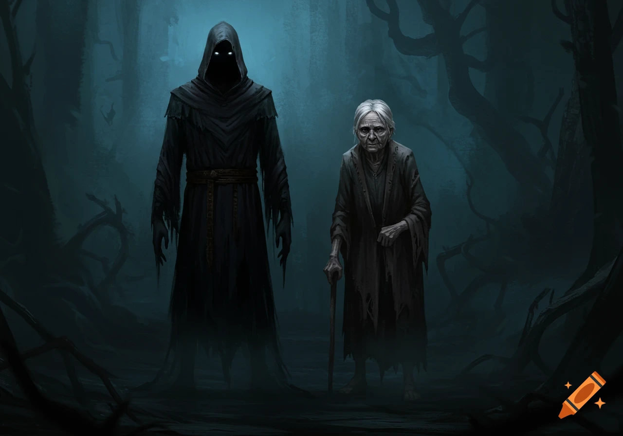 A hooded, grim reaper-like figure with glowing eyes stands next to an old, frail woman with a walking stick in a dark, misty forest.