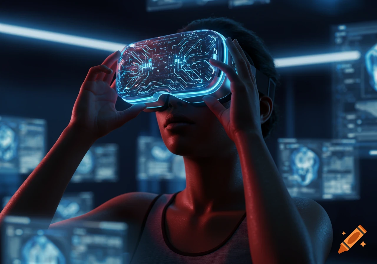 A person in a tank top wearing a glowing VR headset with circuit patterns, against a dark background with blue glowing data screens.