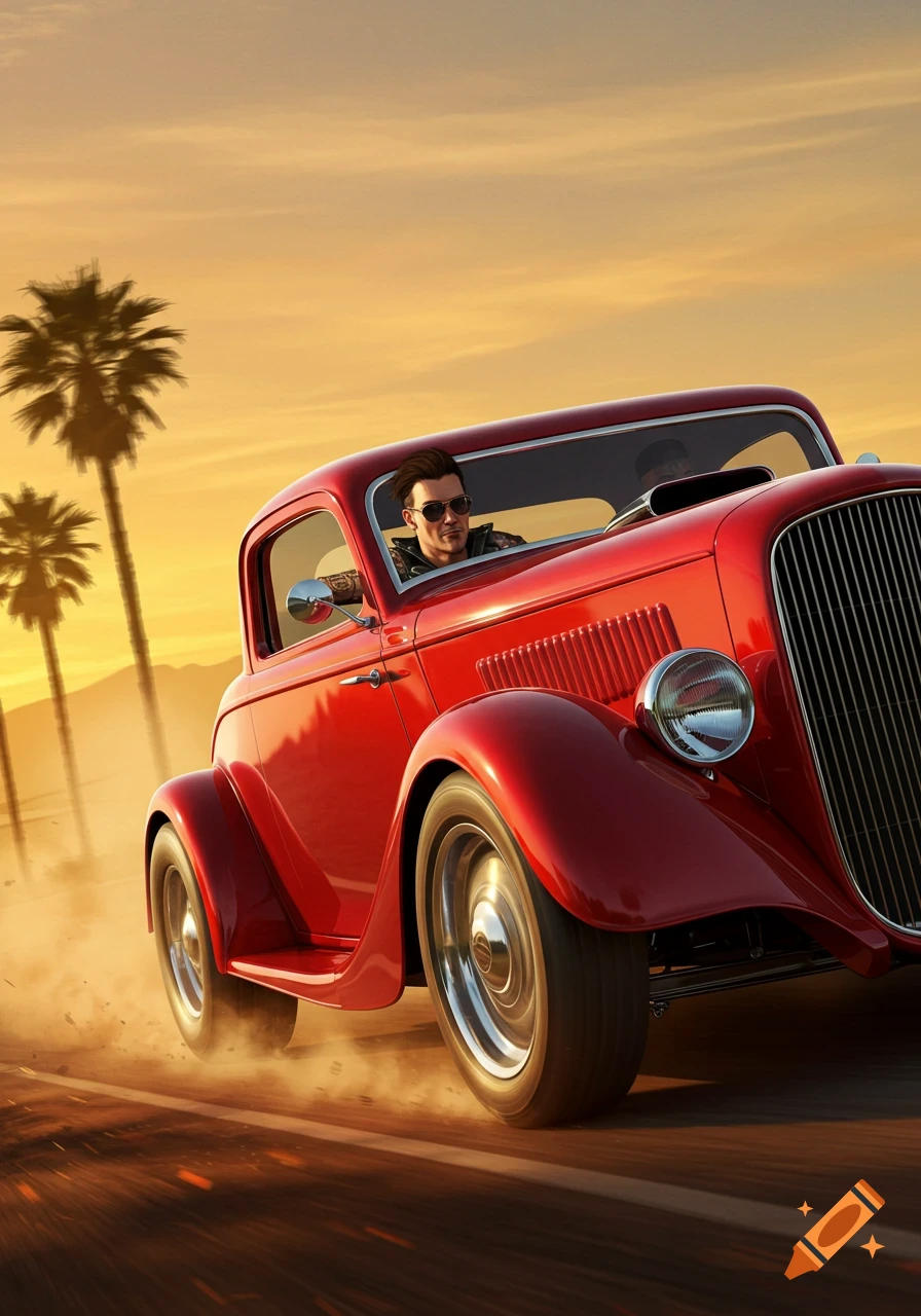 A man in sunglasses drives a shiny red hot rod on a dusty road at sunset, with palm trees.