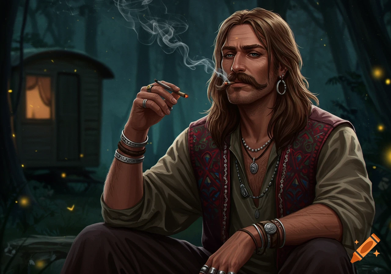 Digital art portrait of a long-haired man with a mustache, wearing a patterned vest and bracelets, smoking in a dark forest setting with a wagon.