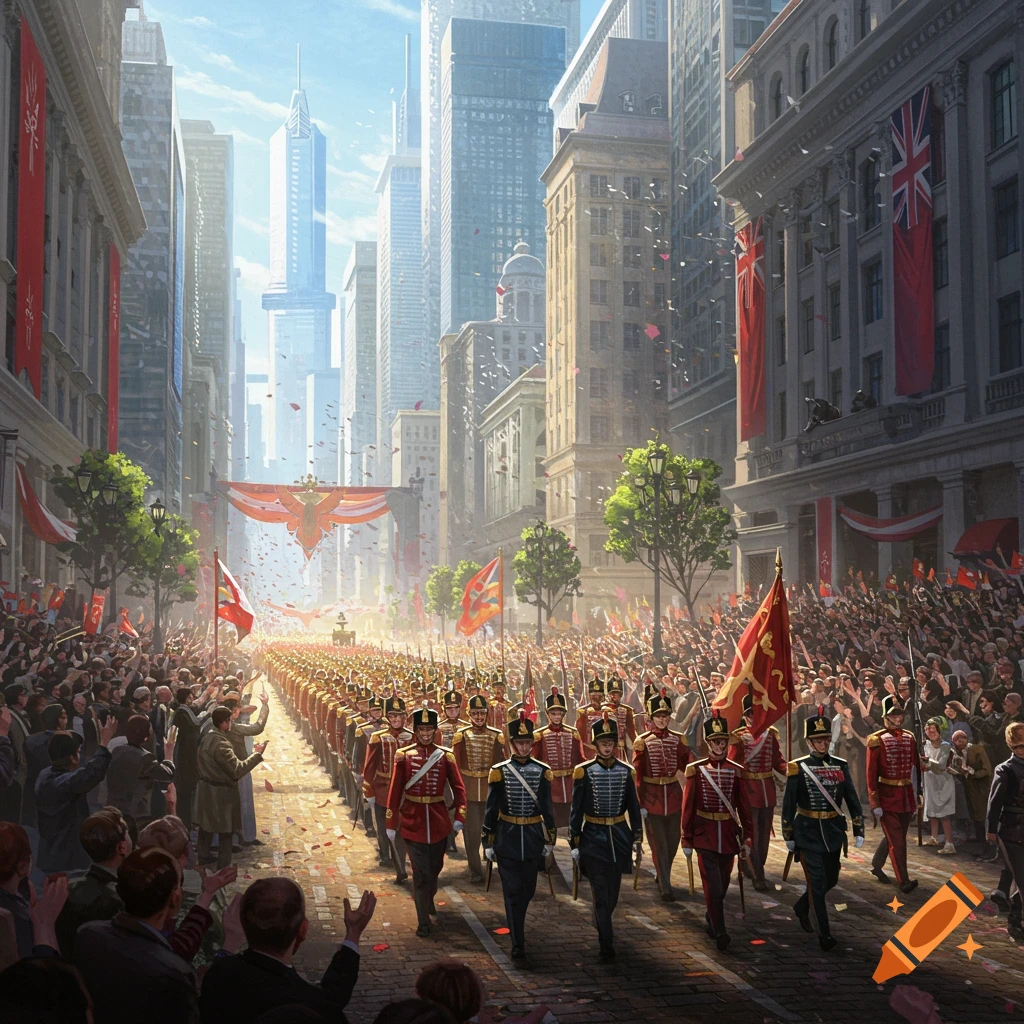 A grand military parade marches down a city street lined with tall buildings, cheering crowds, and red banners. Confetti falls from the sky.