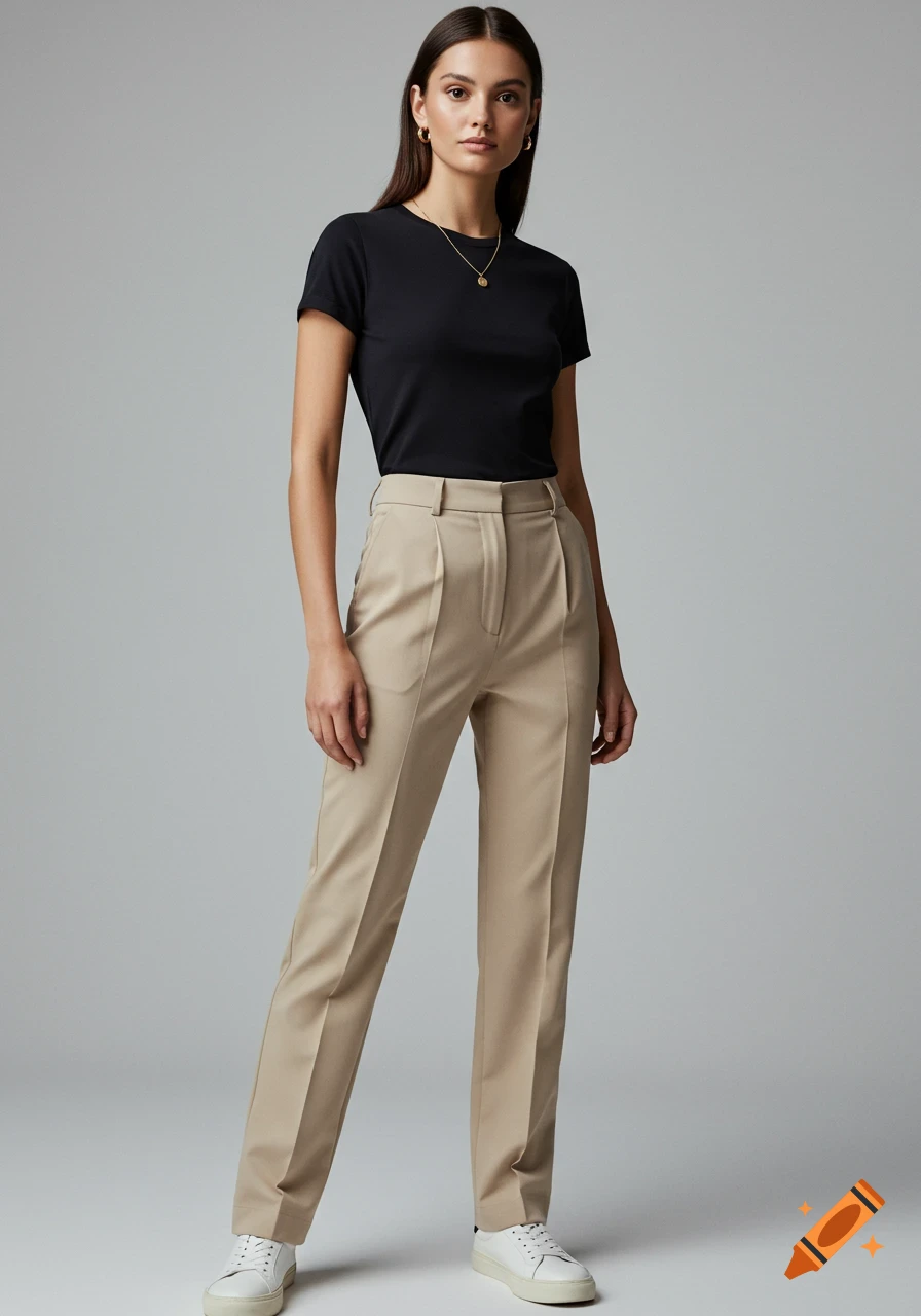 A female fashion model wearing a black t-shirt, high-waisted beige trousers, and white sneakers in a light gray studio. Editorial fashion.