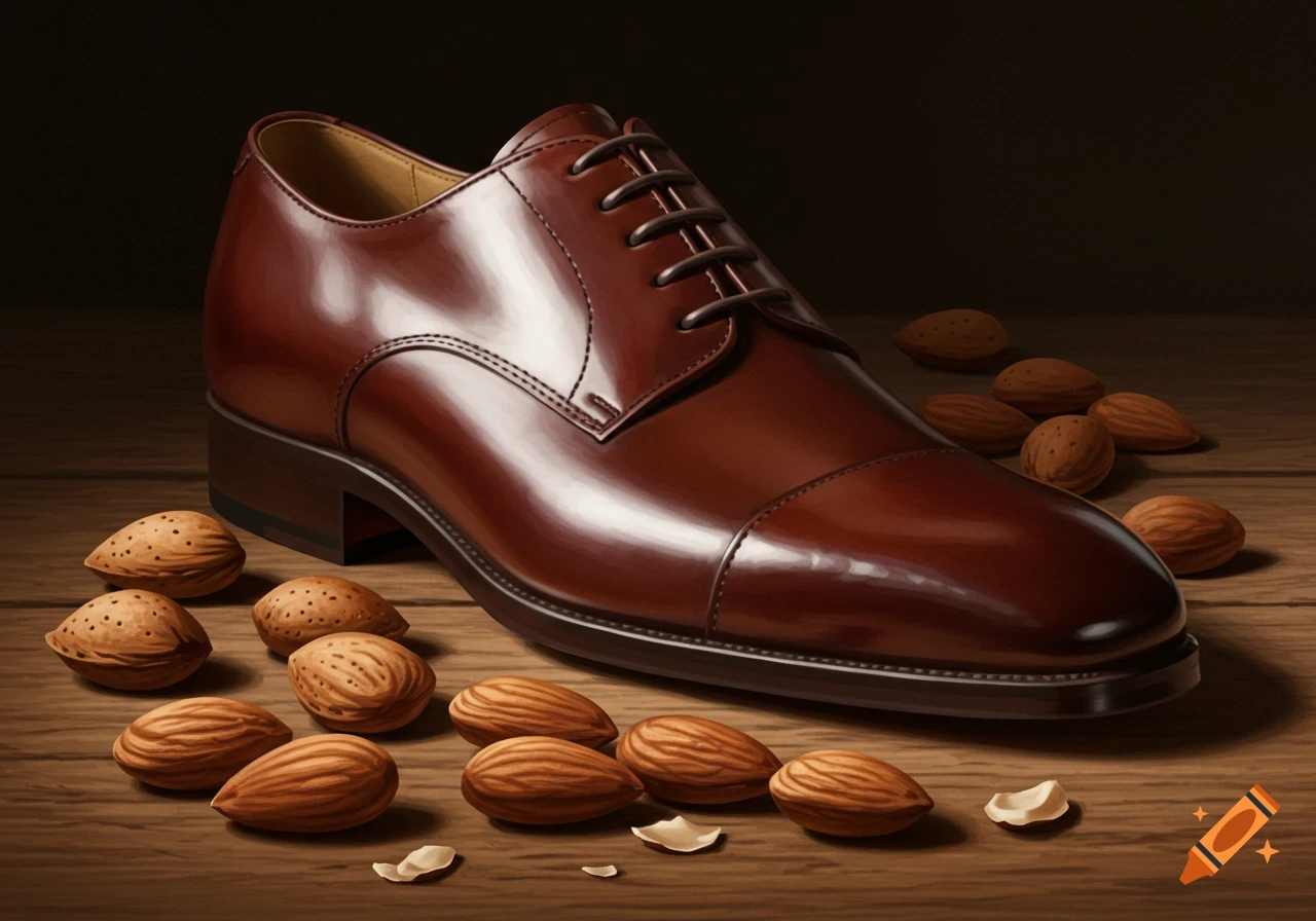 A shiny brown leather oxford shoe with shoelaces on a wooden table, surrounded by numerous almonds and a few broken shells, photorealistic.