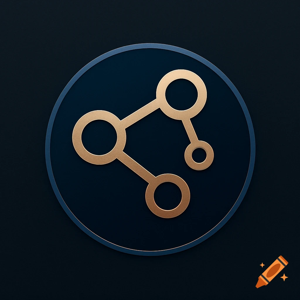 A minimalist golden share or network symbol within a dark blue circle, against a dark background.