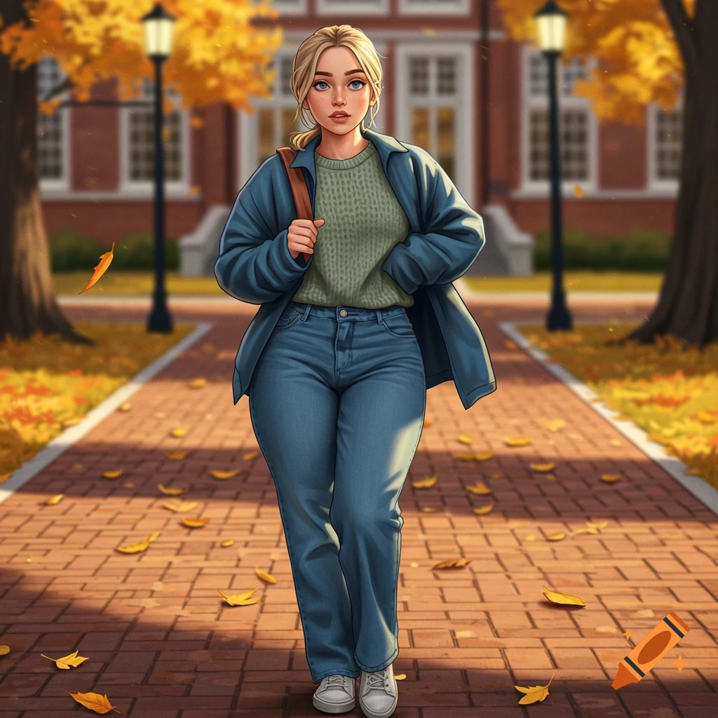 Stylized illustration of a blonde woman in a blue jacket and jeans walking on a brick path with autumn leaves on a college campus.