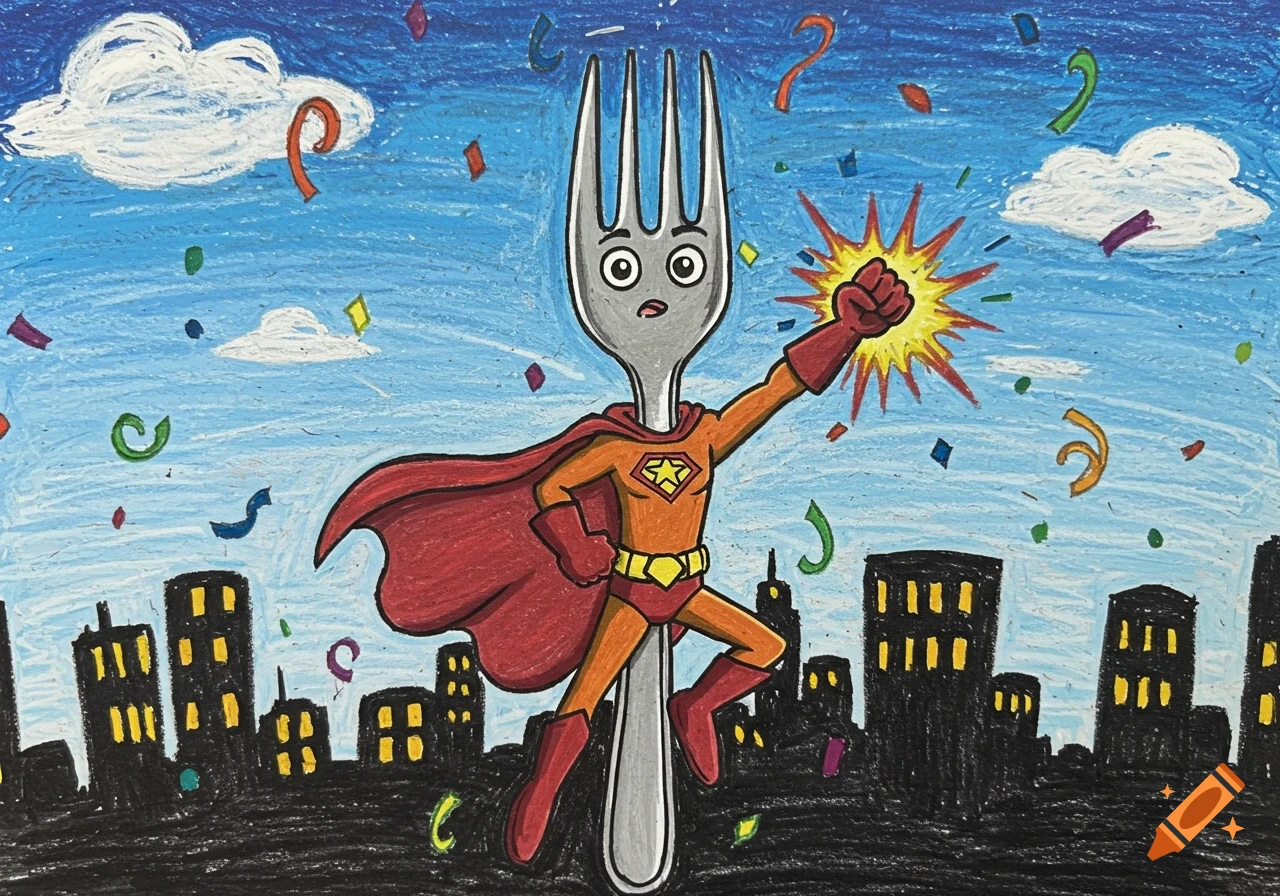 A cartoon superhero fork with a red cape and orange suit flies over a city against a blue sky with confetti, in crayon style.