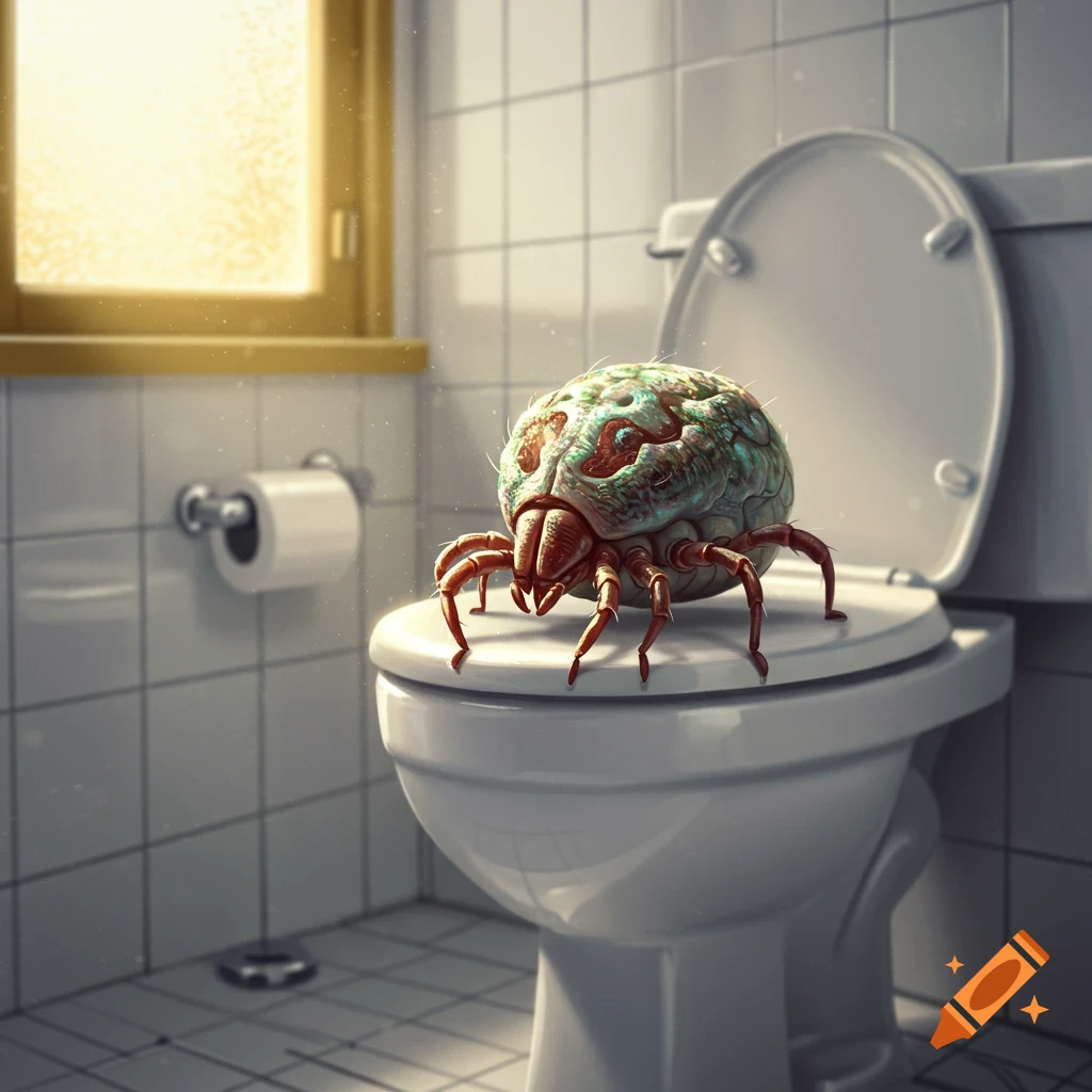 A large, grotesque mite-like creature with a green, brain-like body and red legs sits on a white toilet in a tiled bathroom.