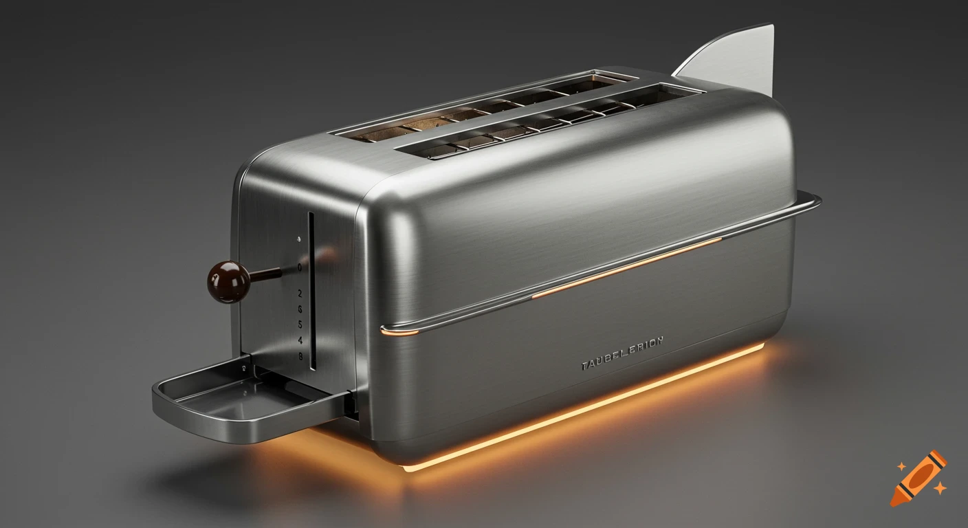 Sleek brushed metal toaster with an orange glowing base, a brown lever, and a fin, on a dark background.