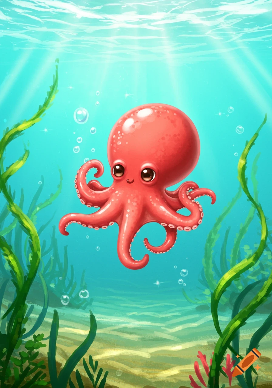A cute red cartoon octopus swims in a bright blue ocean with green seaweed and sun rays.