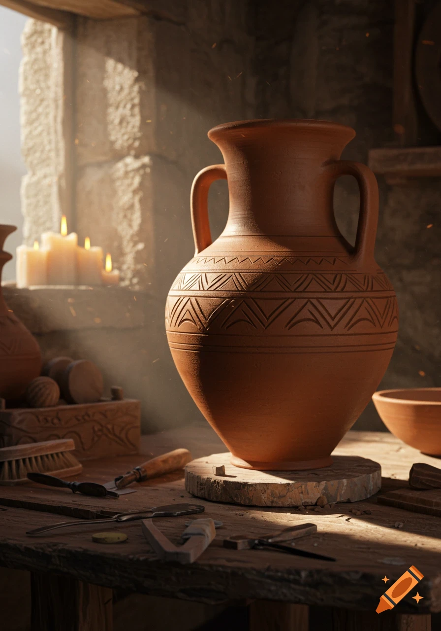 Photorealistic image of a detailed terracotta pot on a wooden table, surrounded by pottery tools, with candles and a stone wall in the background.