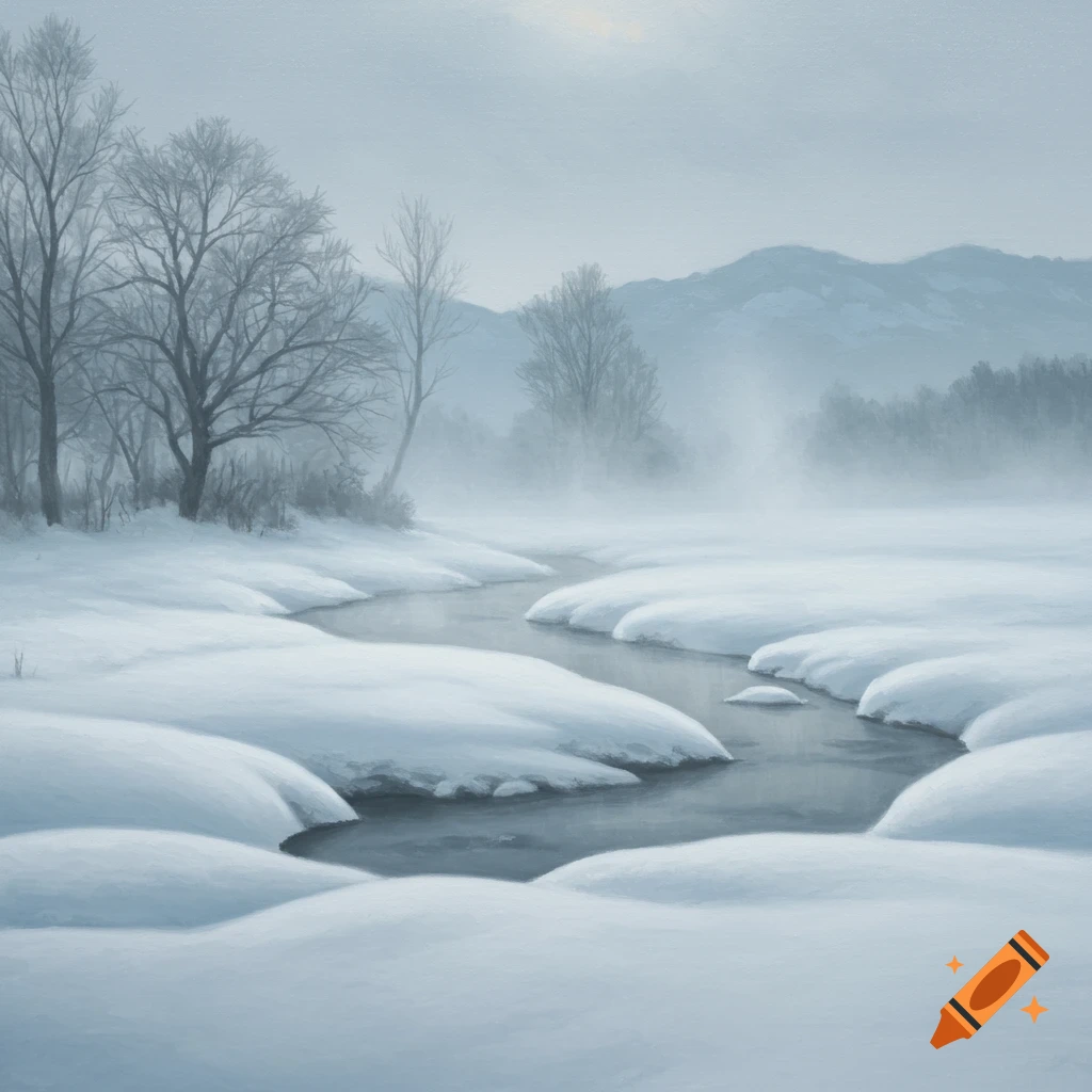 A tonal painting of a serene winter landscape with a winding stream, snow-covered banks, bare trees, and misty distant mountains.