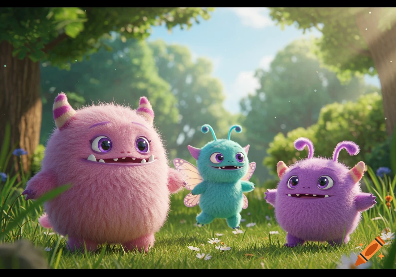 A pink, a teal, and a purple fluffy cartoon monster frolicking in a sunlit green forest. 3D animated style.