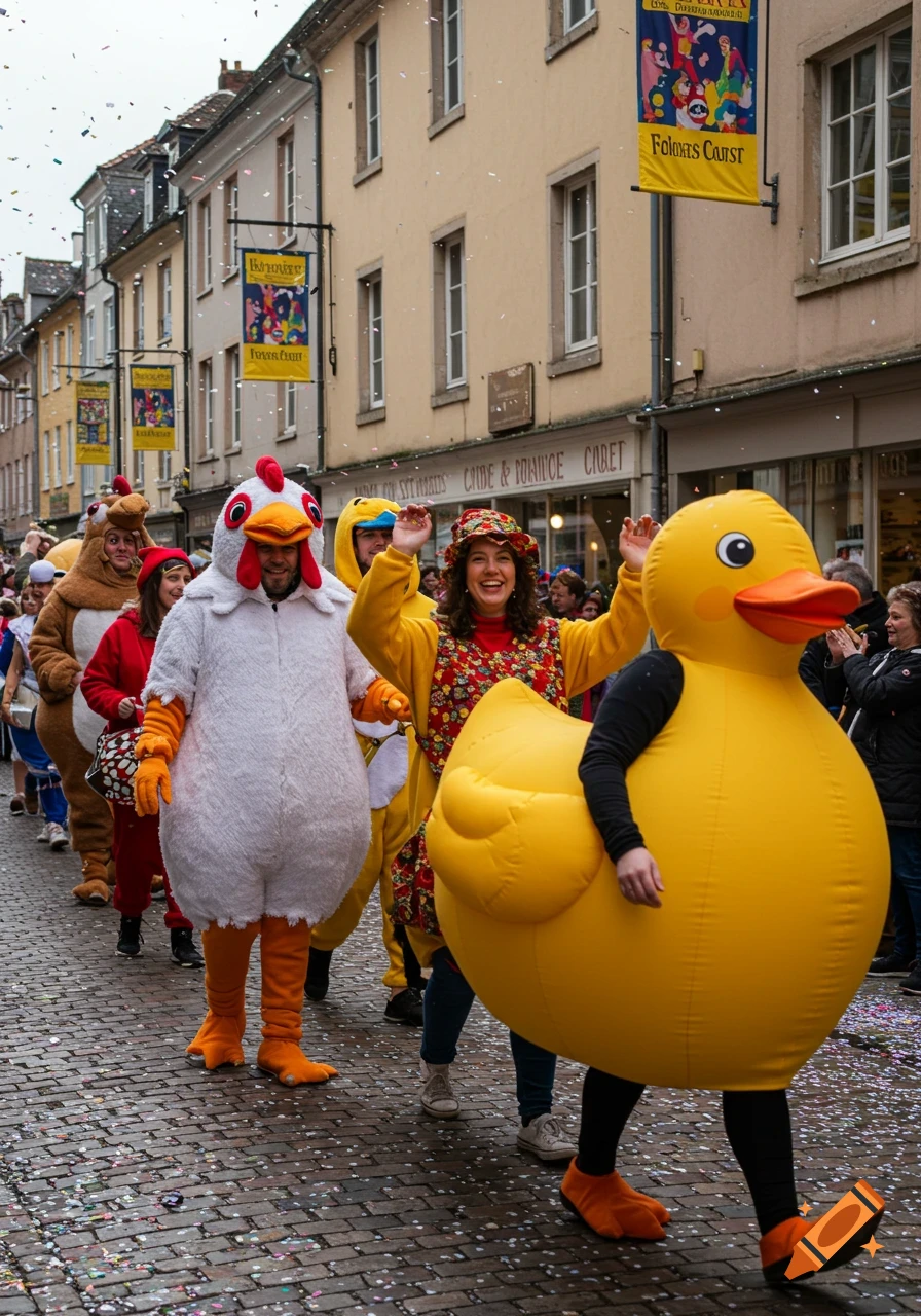 People in animal costumes, including a chicken and a giant yellow duck, parade down a cobblestone street with confetti.