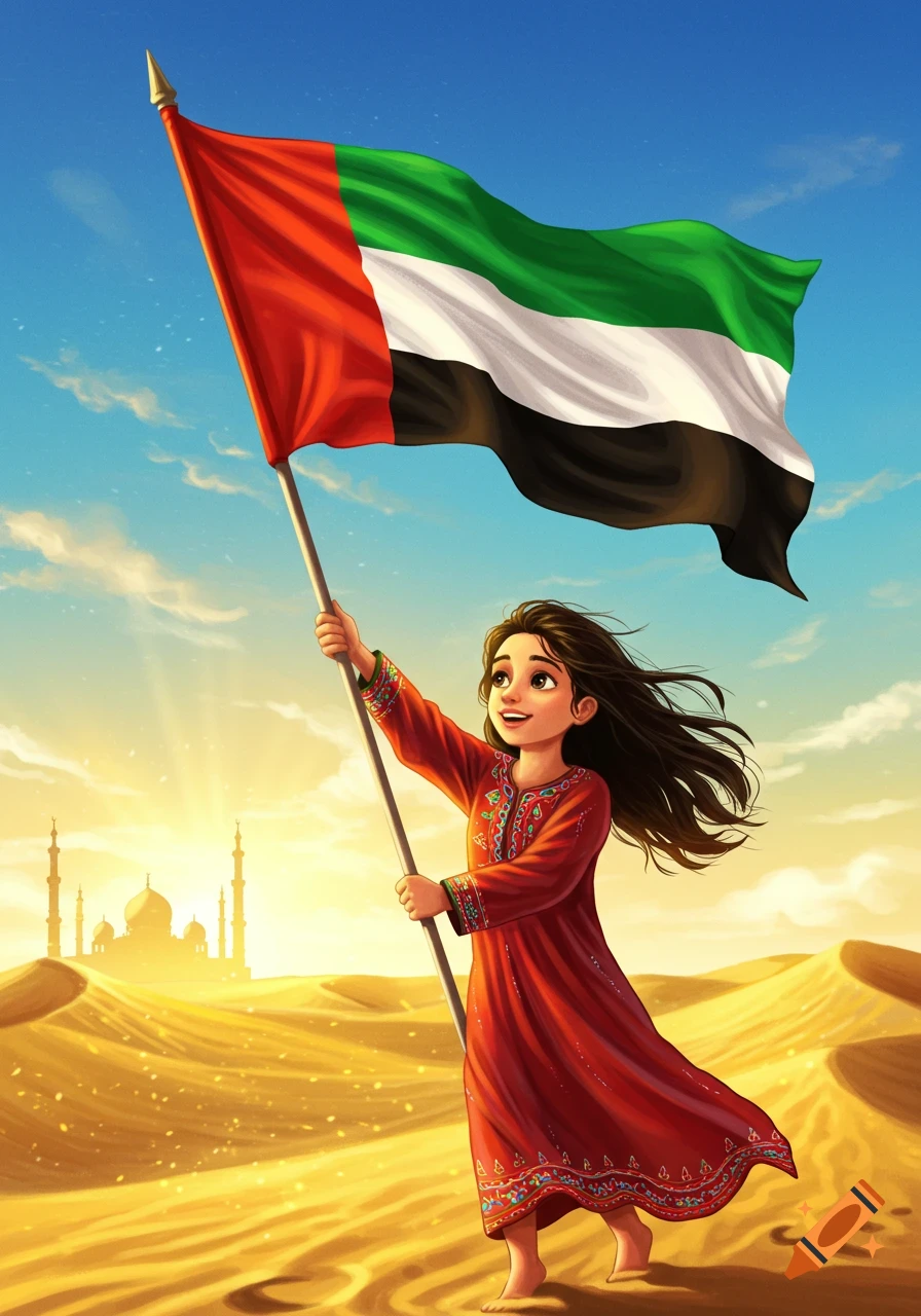An illustrated young girl holding the UAE flag in a sunny desert landscape with distant buildings.