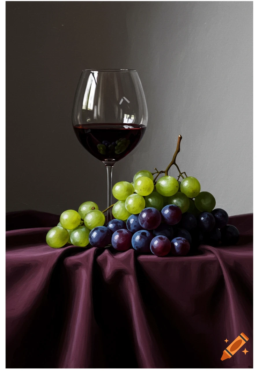 Still life of a wine glass filled with red wine, green and purple grapes on a dark purple draped cloth, painterly style.