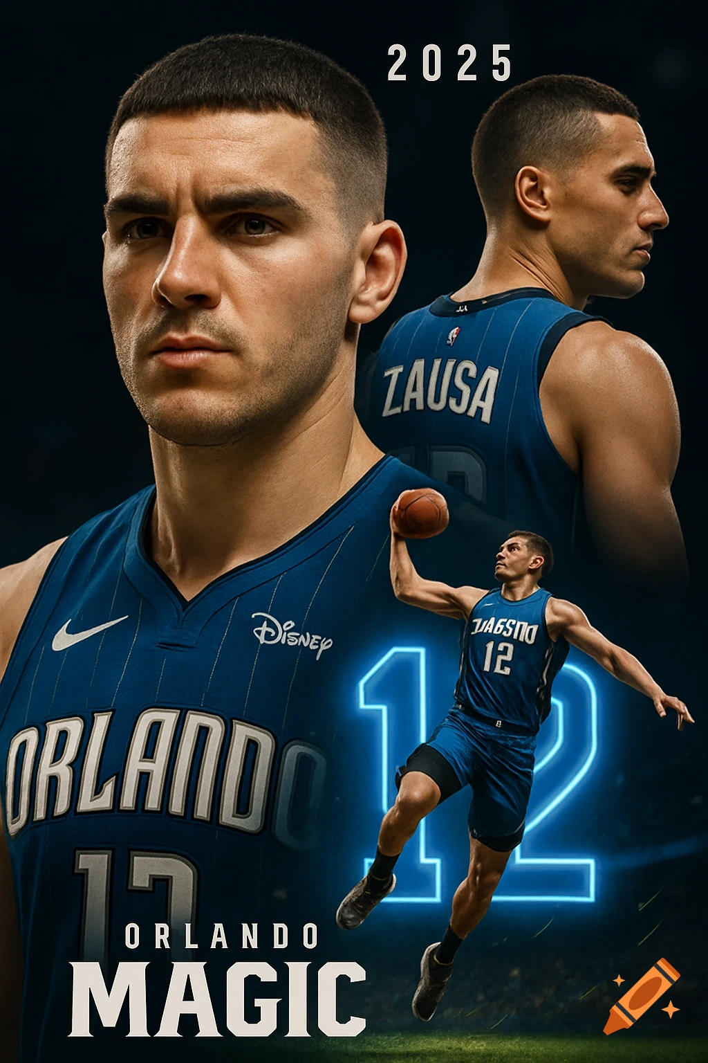 A cinematic basketball poster featuring a male player in an Orlando Magic jersey with the number 12, shown in close-up, side profile, and full-body action shots, against a dark arena background with a glowing blue number 12.