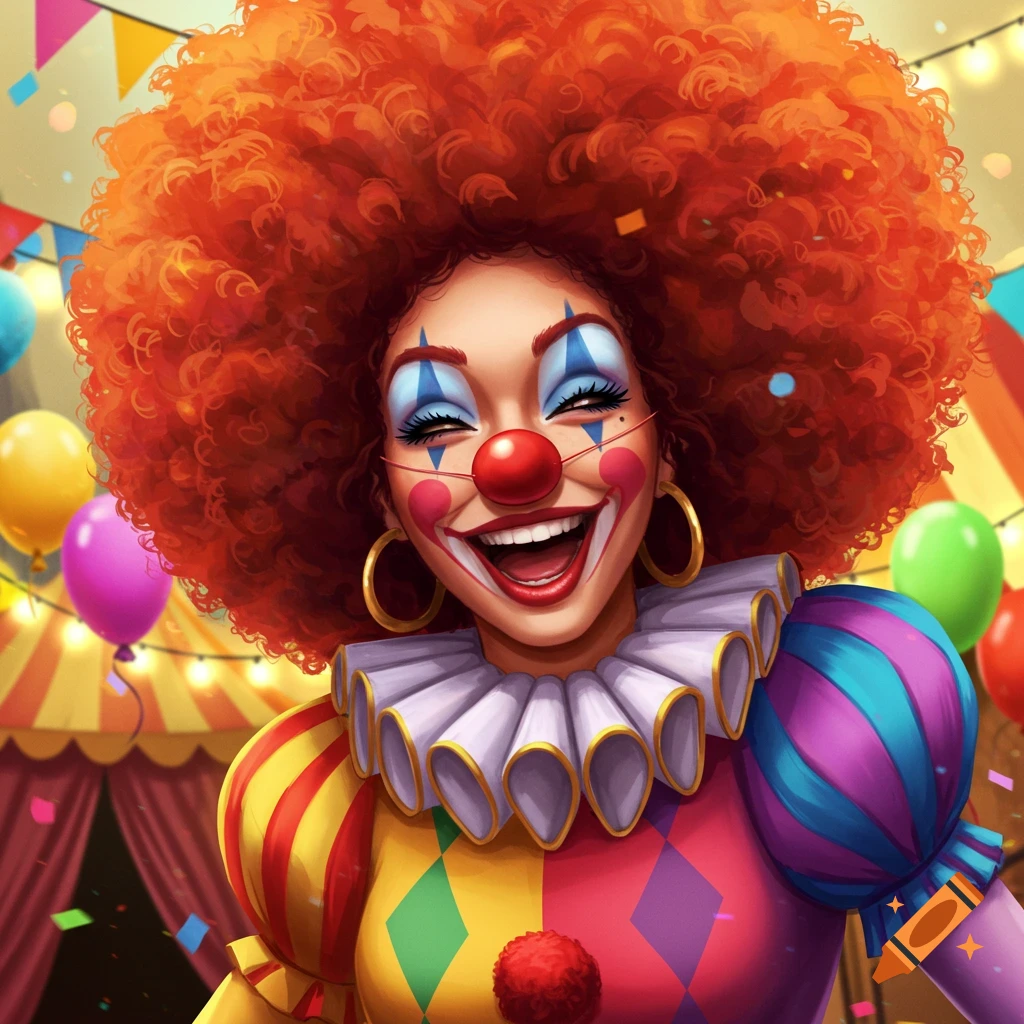 A cheerful clown woman with a huge red afro, red nose, and elaborate face paint, smiling widely in a colorful harlequin costume amidst carnival decorations, balloons, and confetti.