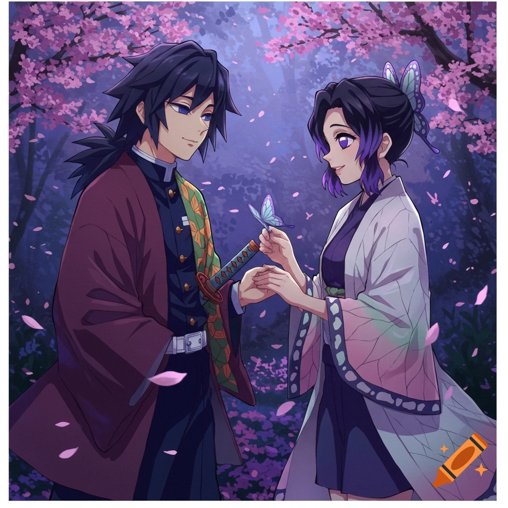 Anime characters Giyu and Shinobu exchanging a butterfly under pink cherry blossoms at night.