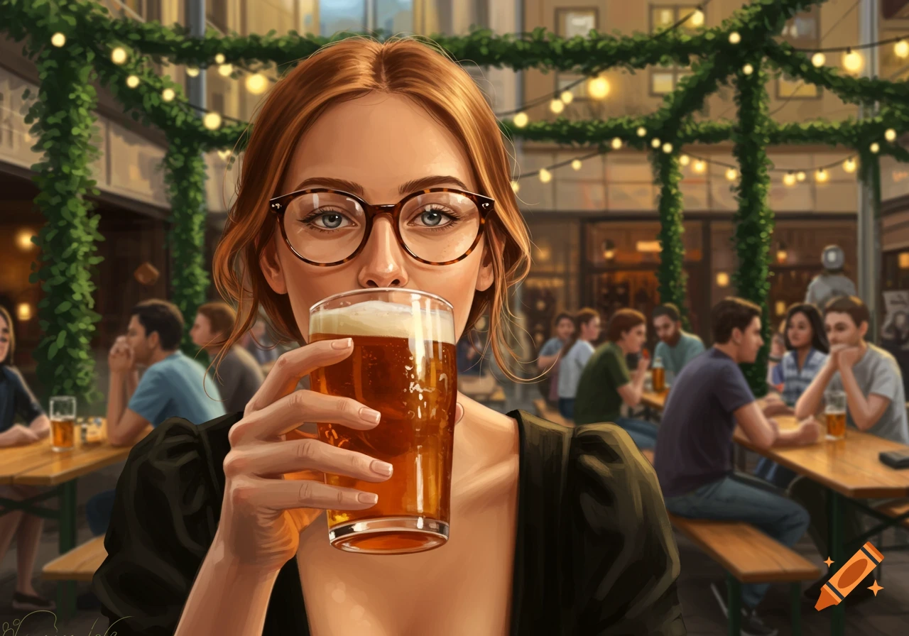 Digital painting of a woman with glasses drinking beer at an outdoor pub with string lights and people.