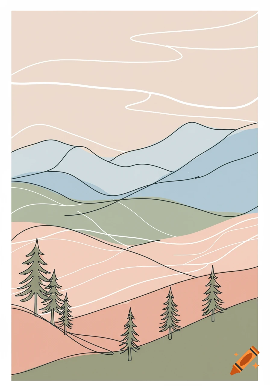 Simple line art illustration of a pastel mountain landscape with fields and pine trees.