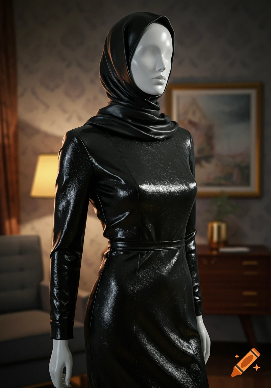 Photorealistic image of a mannequin wearing a black leather hijab and a long, tight black leather dress, standing indoors.