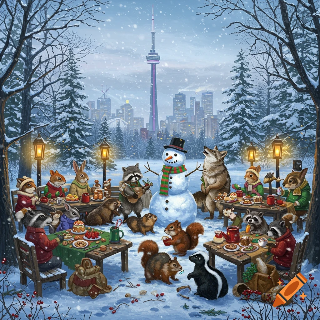 Anthropomorphic animals, including raccoons, rabbits, squirrels, and a coyote, enjoy a snowy park party with the Toronto CN Tower in the background. Illustration.