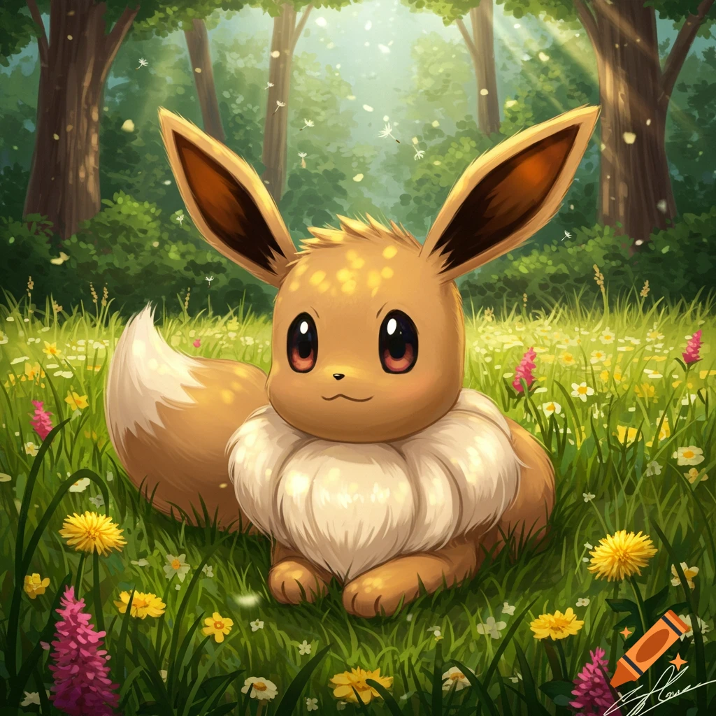 A cute Eevee Pokemon sits in a sunny, vibrant forest clearing filled with colorful flowers and dappled light.