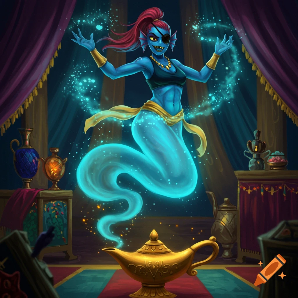 Undyne as a blue-skinned genie emerging from a golden lamp, glowing with magic in an ornate room, stylized.