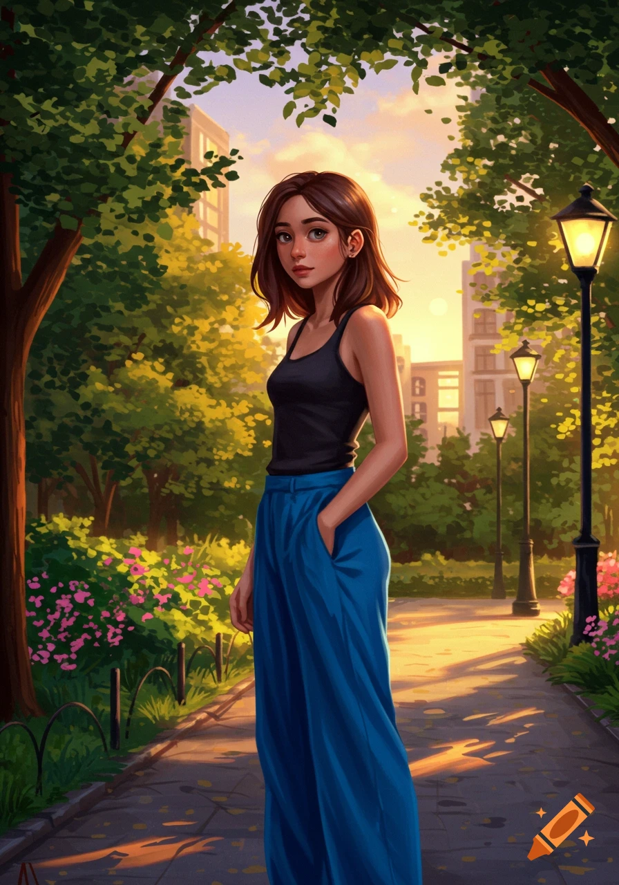 A stylized anime girl with brown hair, black tank top, and blue pants stands in a sunny park at sunset.