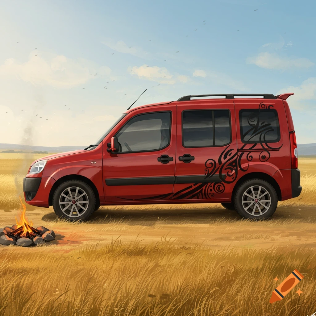 An illustrated red van with black tribal decals parked in a golden grassy field next to a burning campfire under a blue sky.