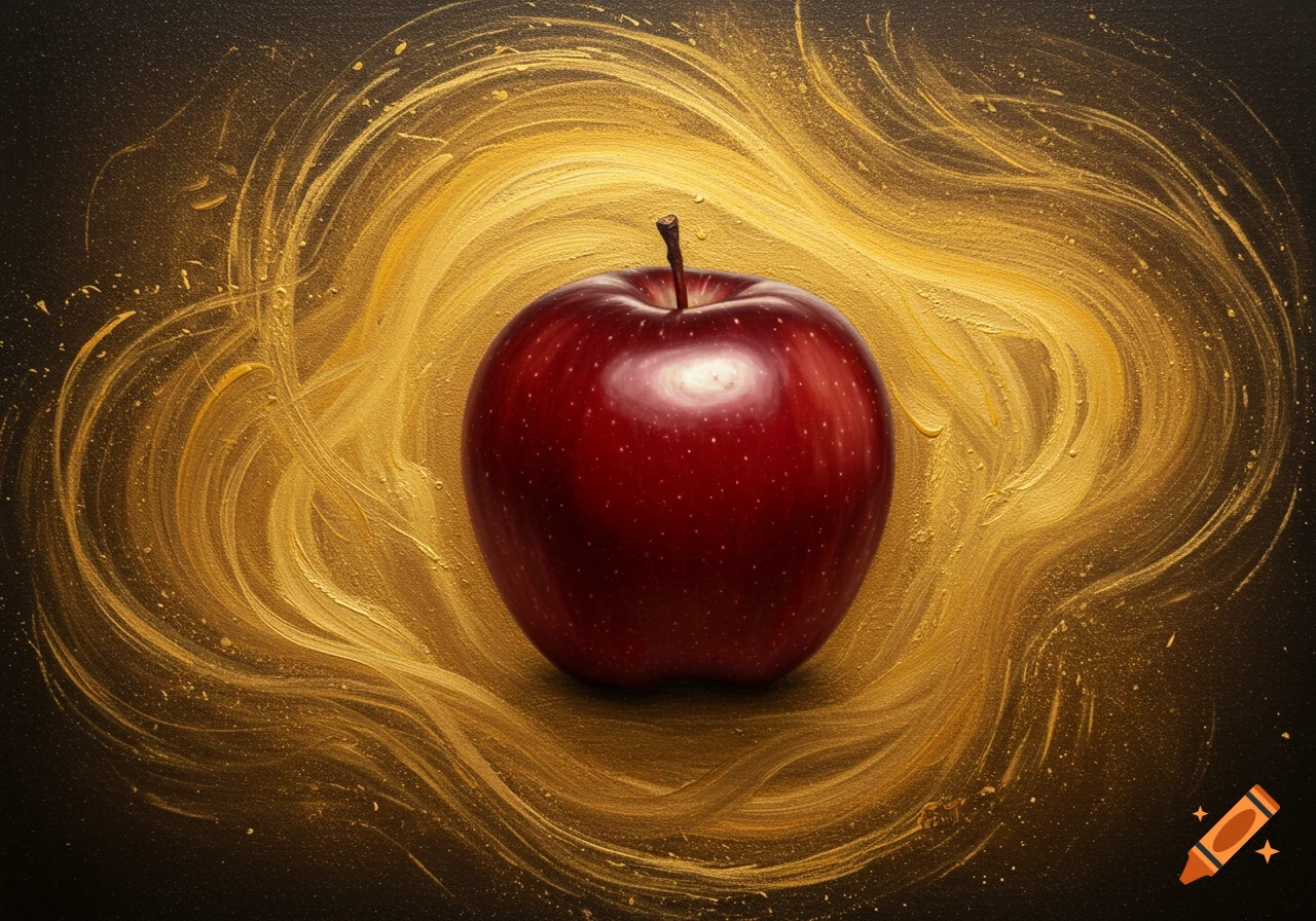 An elegant, painterly still life of a glossy red apple against a swirling abstract background of liquid gold.