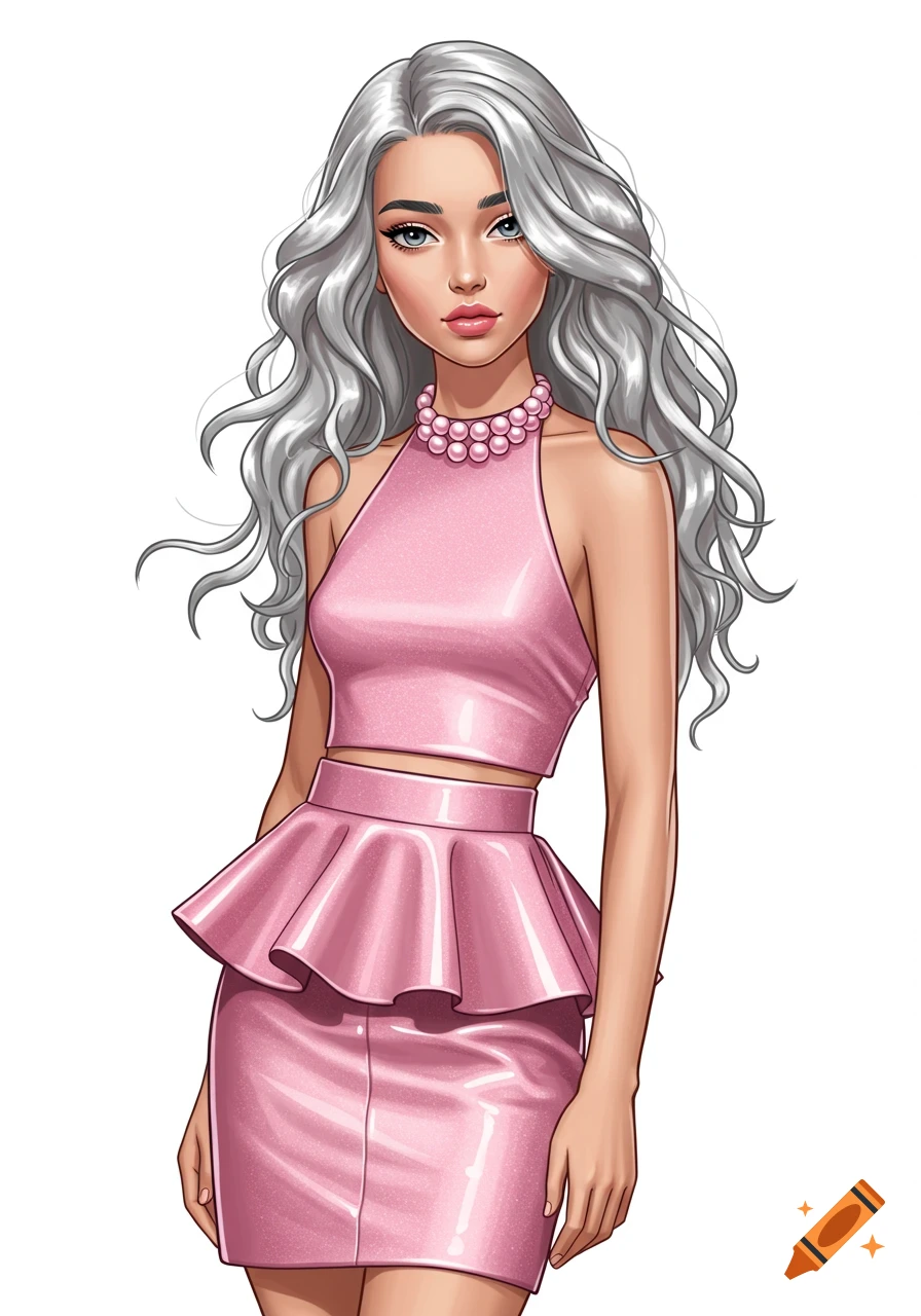 A stylized illustration of a gorgeous woman with long silver crimped hair, wearing a pink halter crop top, a peplum mini-skirt, and a pink pearl necklace.