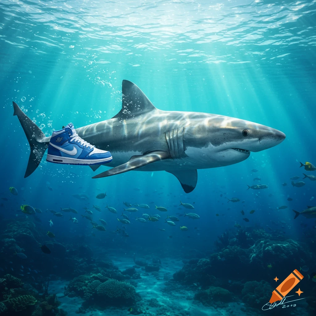 Photorealistic great white shark swimming underwater with a blue and white sneaker on its dorsal fin, light rays from above.