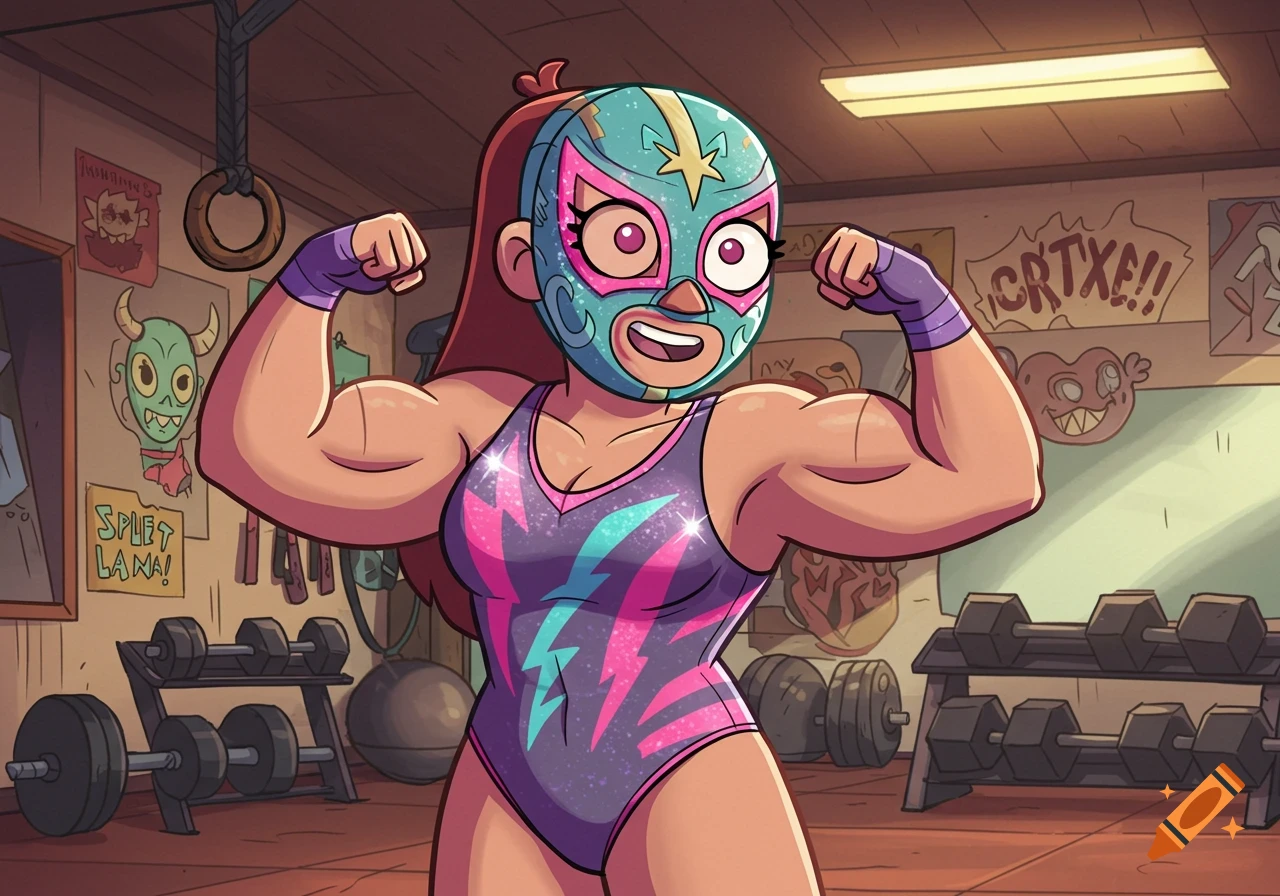 A cartoon female masked wrestler in a purple and pink leotard flexes her bicep muscles in a gym.