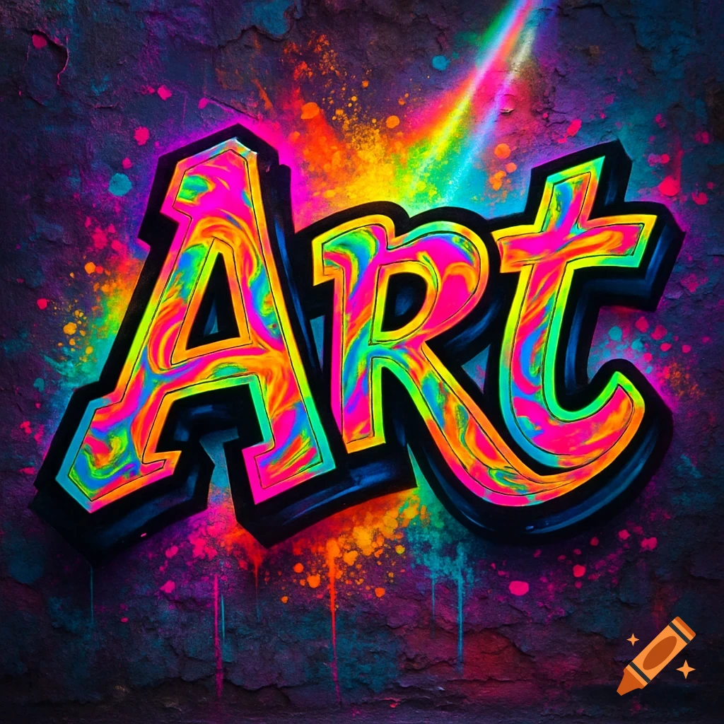 The word 'ART' in vibrant, neon, graffiti-style lettering on a dark, textured wall with paint splatters and a colorful light streak.