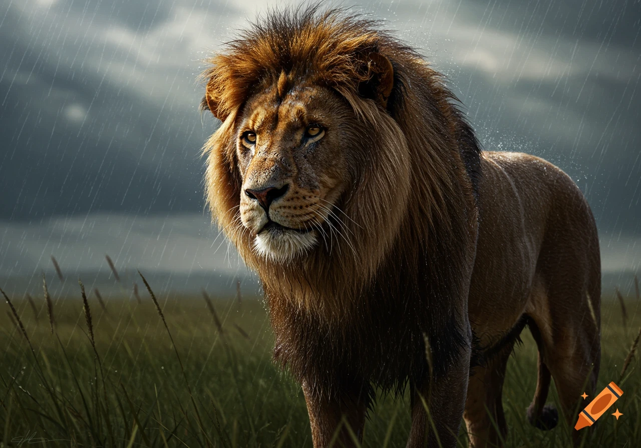 A majestic photorealistic male lion stands in tall green grass as rain falls, under a stormy sky.