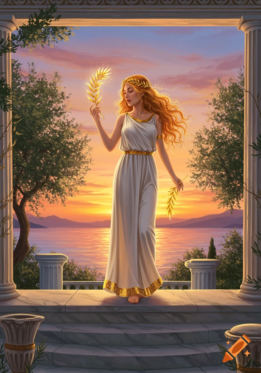 A woman in a white gown and laurel wreath stands on a classical balcony, holding golden olive branches, overlooking a sunset sea.