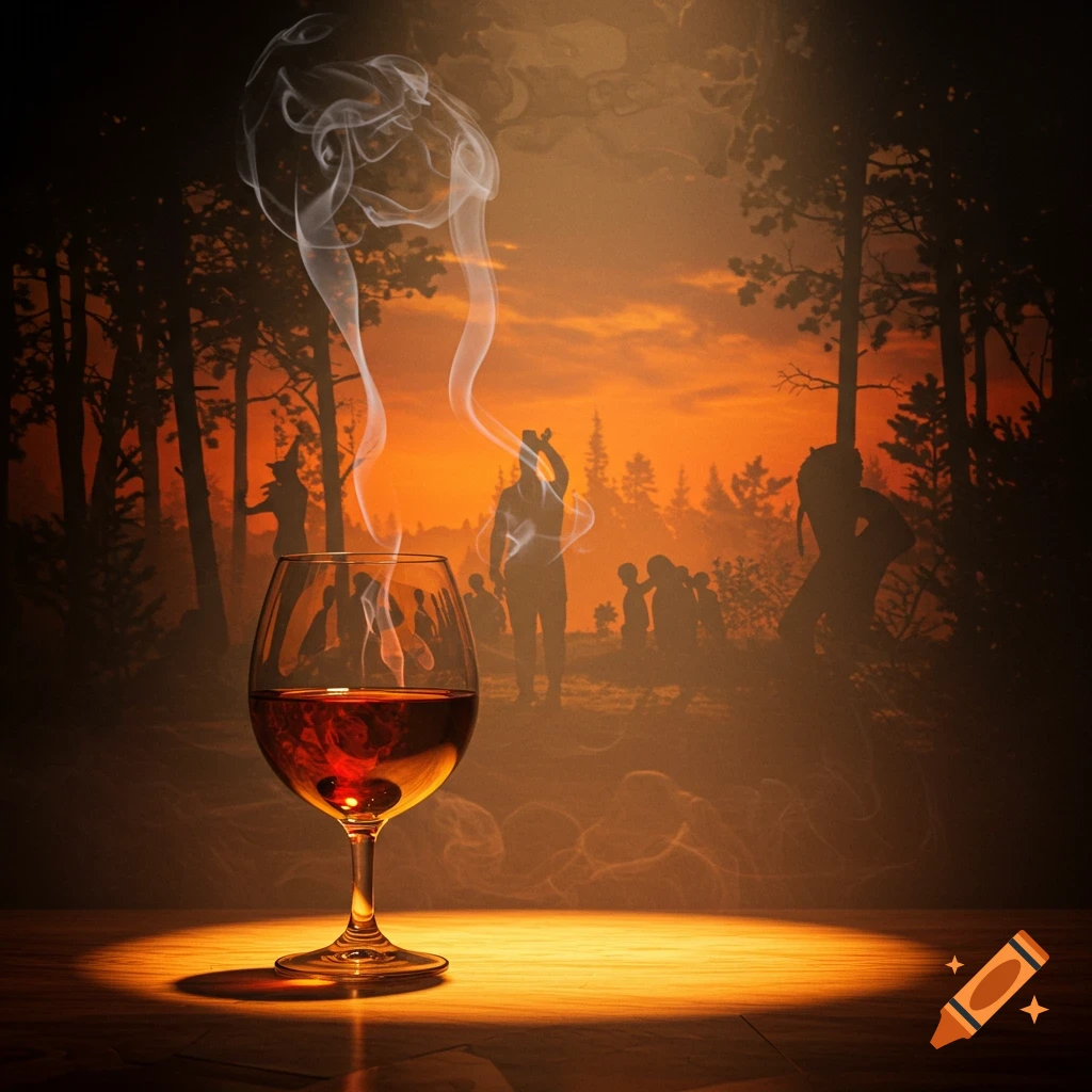 A glass of red liquid with smoke rising, set against a sunset forest scene with silhouetted figures.