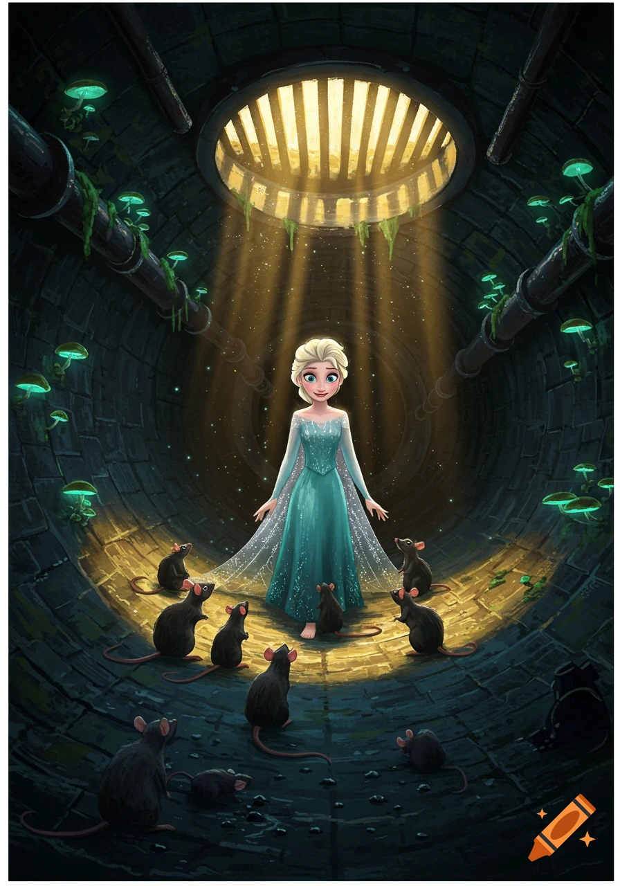 Animated Elsa in a dark, circular sewer tunnel, surrounded by rats, with light streaming from an overhead grate.